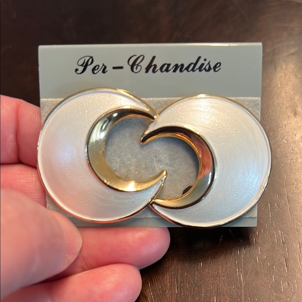 Gold-tone edge with Liquidy Silver/Pearl-ish White center Crescent Clip Earrings - Picture 4 of 5